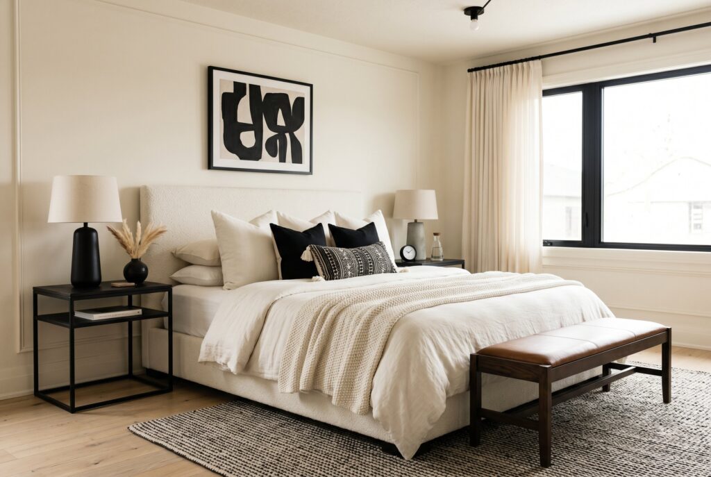 Soft off white bedroom ideas with black furniture and warm neutral bedding layers. 