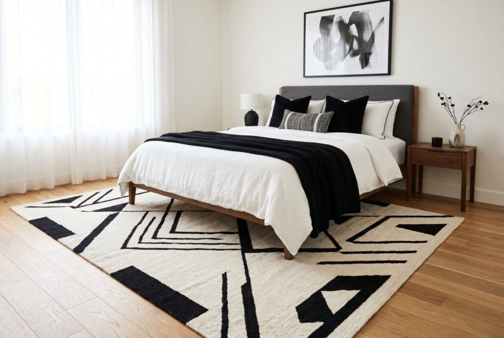 Black and white geometric rug ideas with modern bedroom furniture and layered bedding.