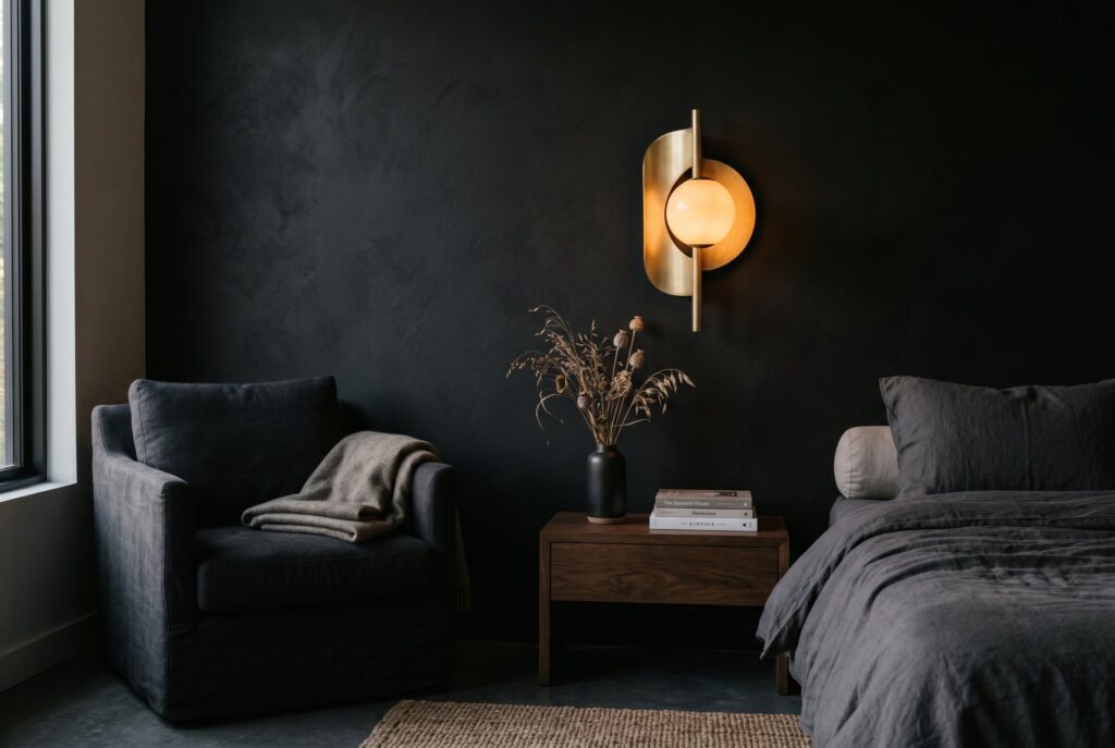 Brass wall sconces in black bedroom with cozy layered neutral bedding textures.