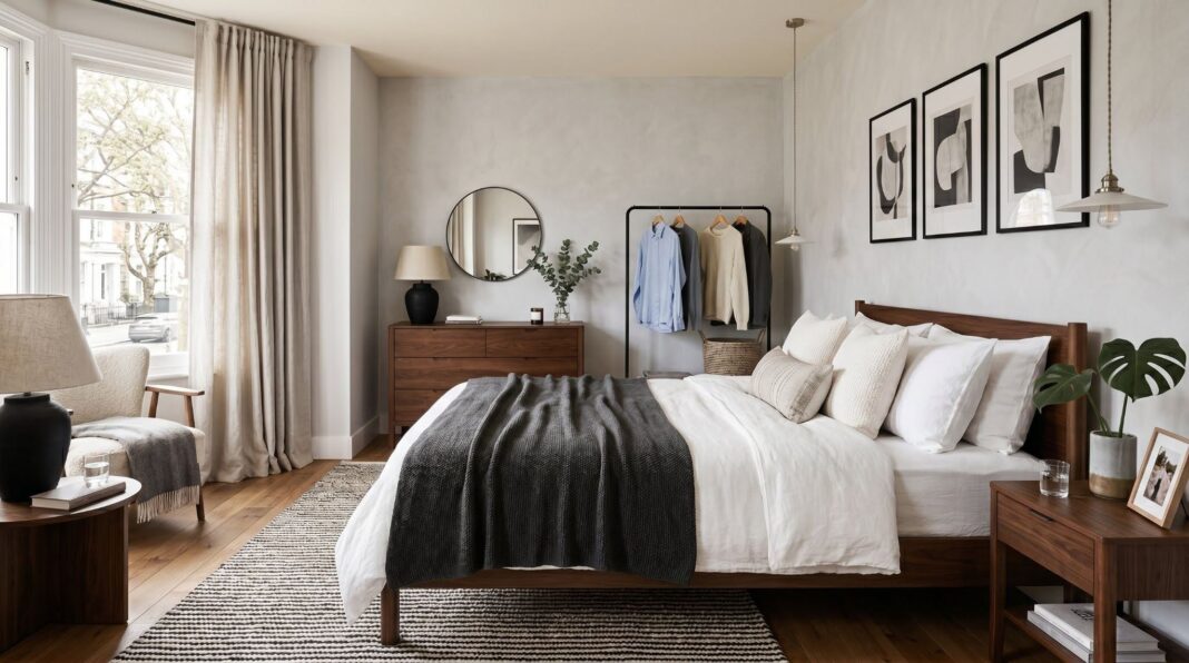 Black and white bedroom ideas with warm wood furniture and layered neutral bedding.