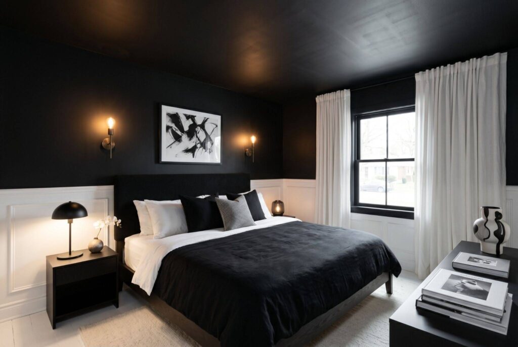 Black ceiling bedroom ideas with matte black walls and dramatic monochrome styling.
