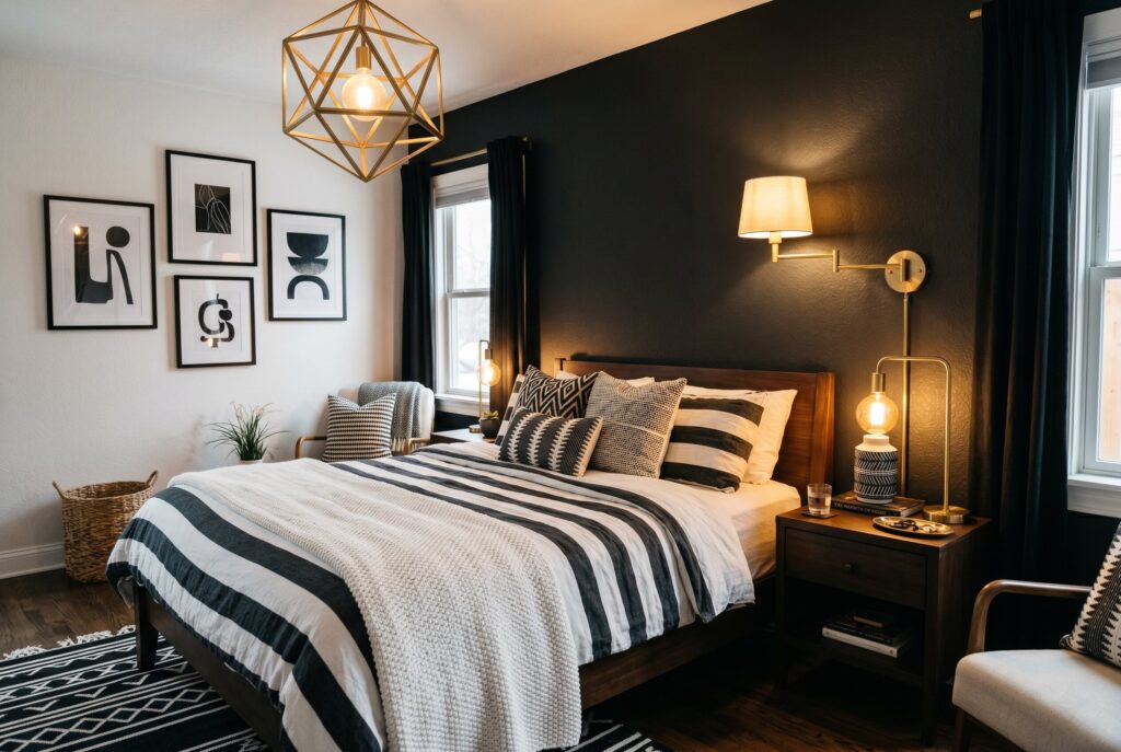 Brass lighting fixtures in black and white bedroom with striped bedding and dark walls. 