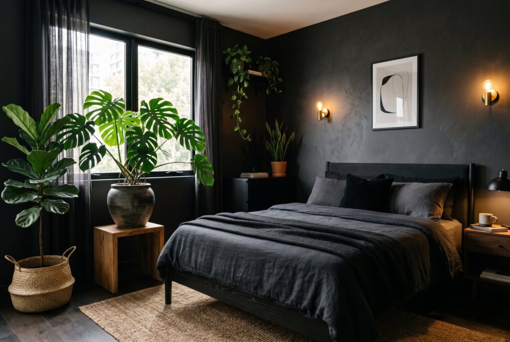 Indoor plants in black bedroom with modern dark walls and warm wood furniture.