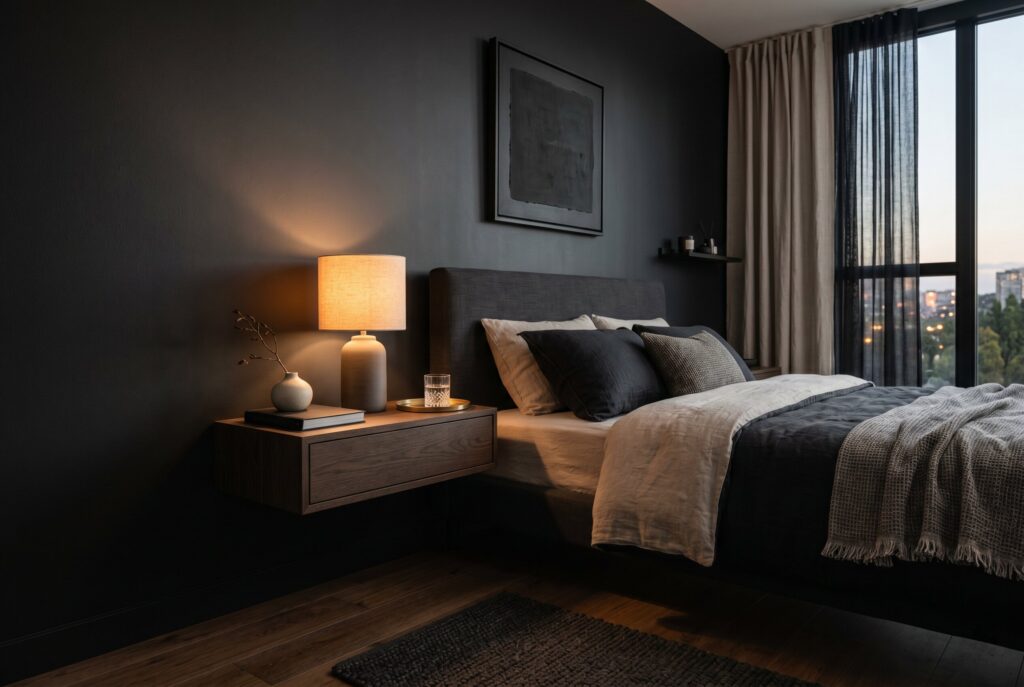 Floating nightstand bedroom ideas with black walls and minimalist modern decor.