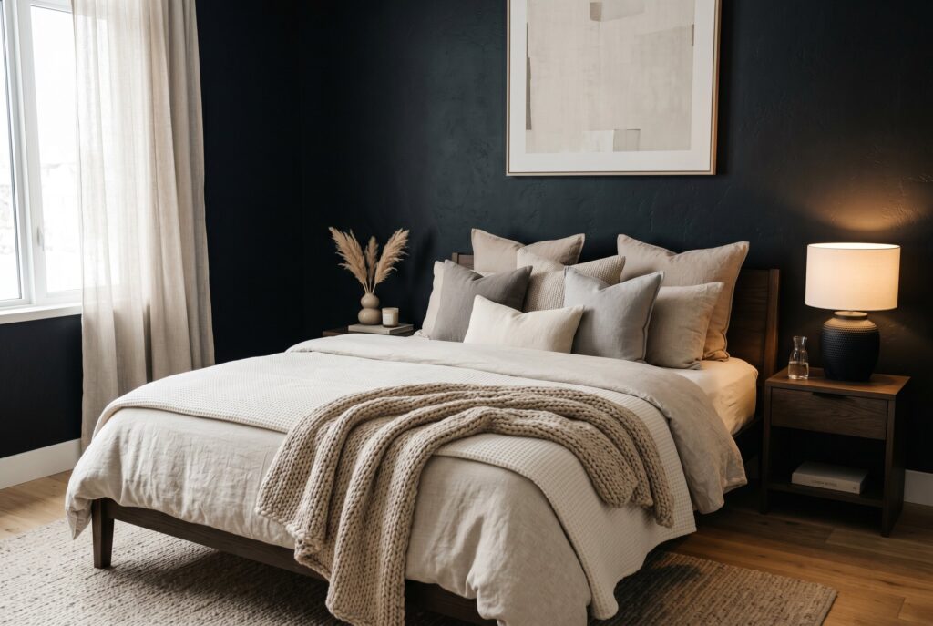 Light neutral bedding against black bedroom walls with layered cream textile decor.