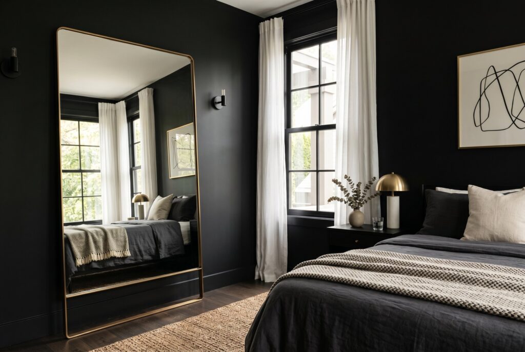 Oversized mirror in black bedroom reflecting natural light and modern decor styling.