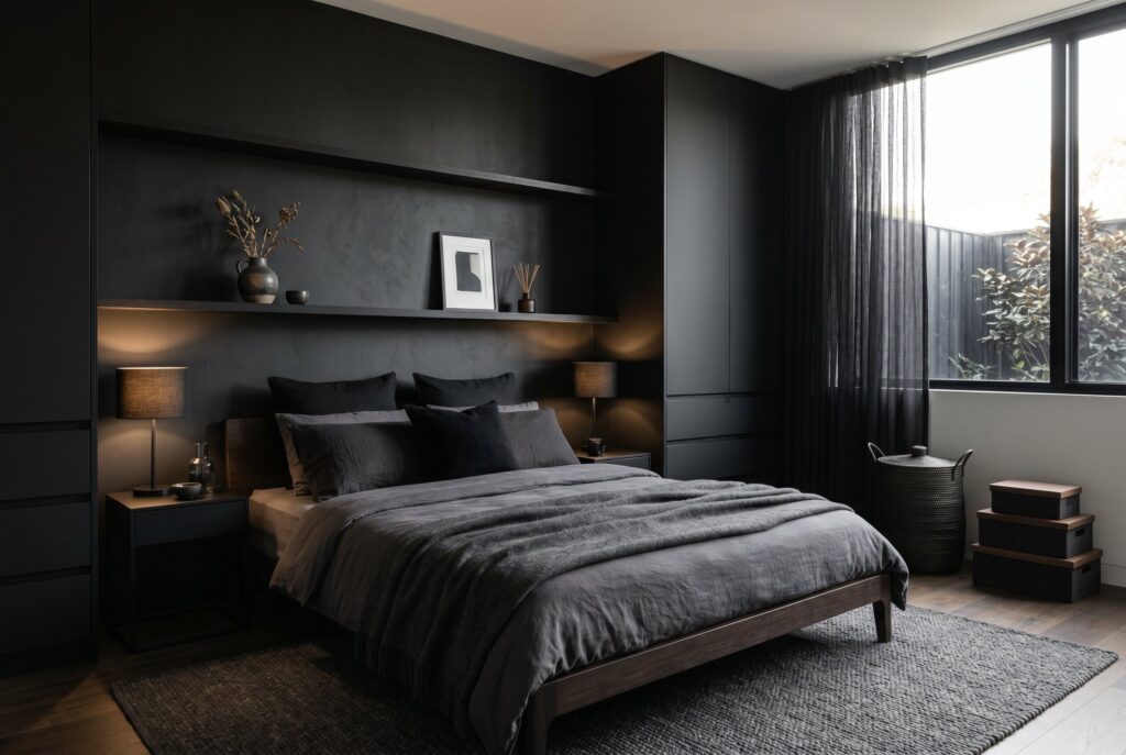 Minimalist black bedroom with hidden storage and clutter free modern bedroom styling.
