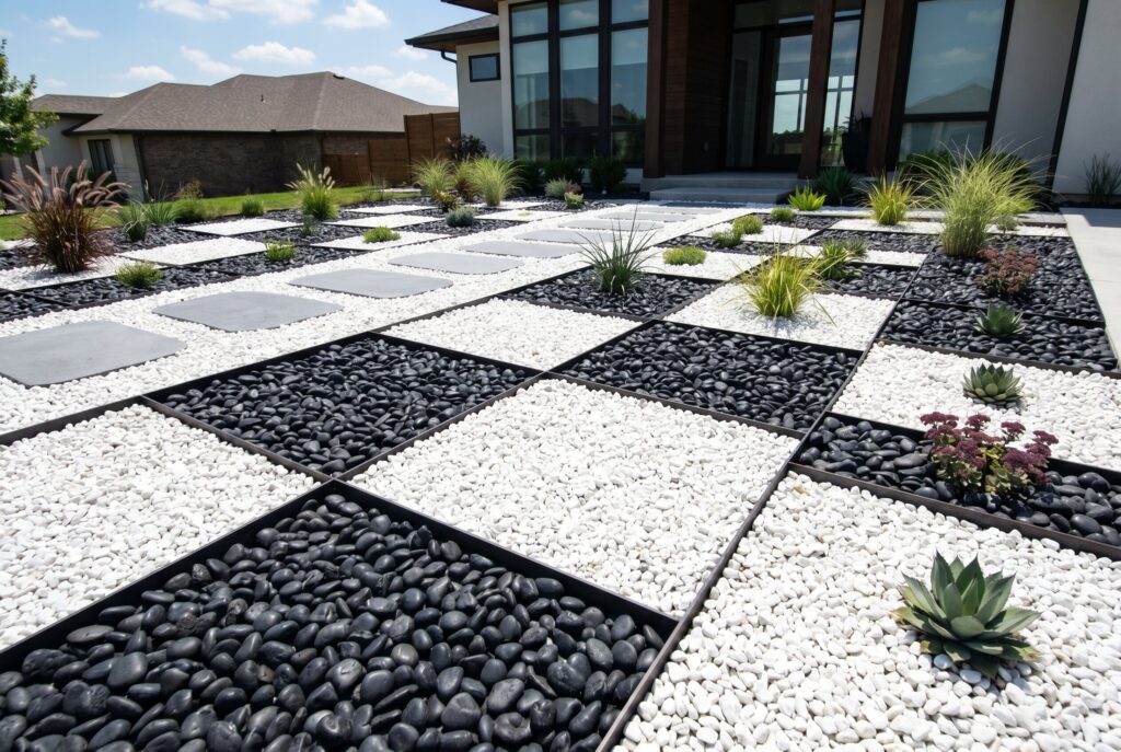 Black and white landscape rock pattern with geometric hardscape and modern front yard design.