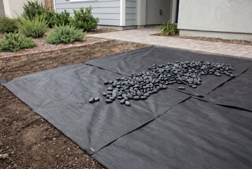 Weed barrier fabric installation under black landscape rock for low maintenance landscaping.