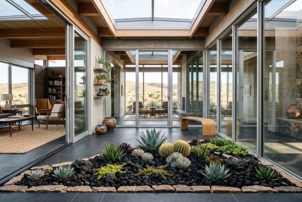 Succulent garden with black lava rock, agave plants, and low maintenance xeriscape landscaping.