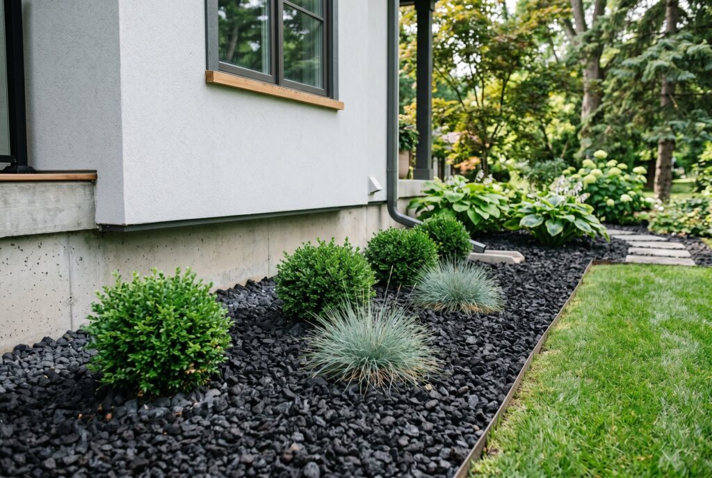 Black landscape rock foundation planting with evergreen shrubs and modern home exterior.