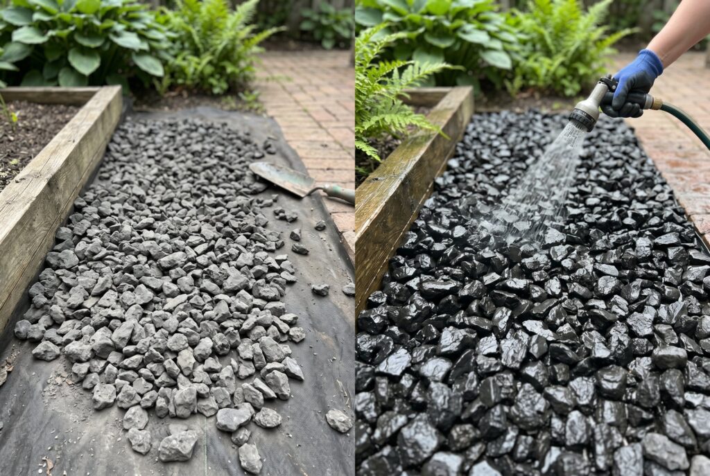 Washing black landscape rock before installation to reveal rich color and shine.