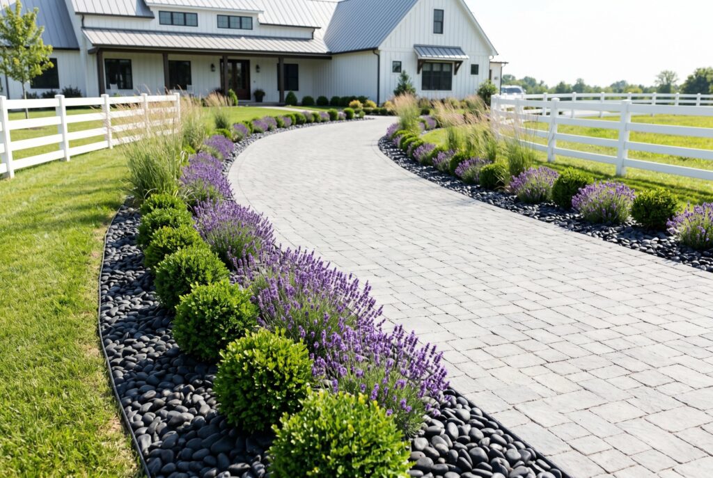 Modern farmhouse driveway edging with black landscape rock, lavender, and boxwood shrubs.