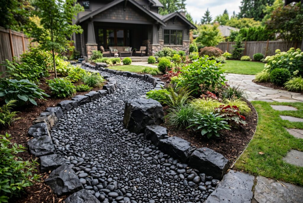 Black stone dry creek bed landscaping with boulders, shrubs, and drainage design.