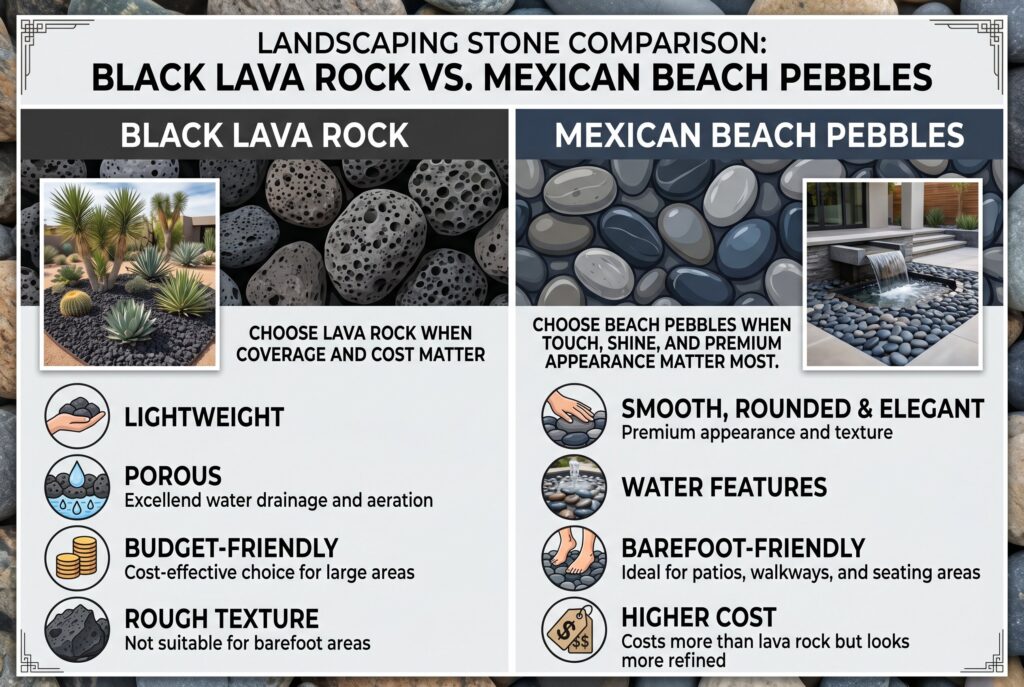 Black lava rock vs Mexican beach pebbles comparison for landscape rock selection.