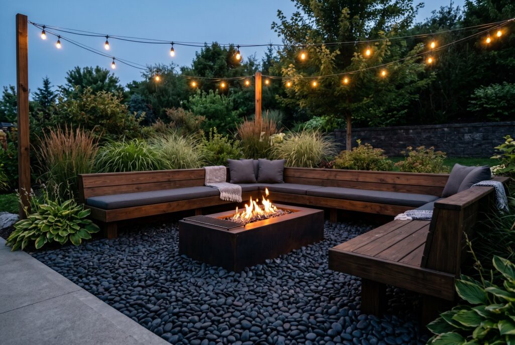 Fire pit lounge with black pebbles, built in wood benches, and outdoor string lights.