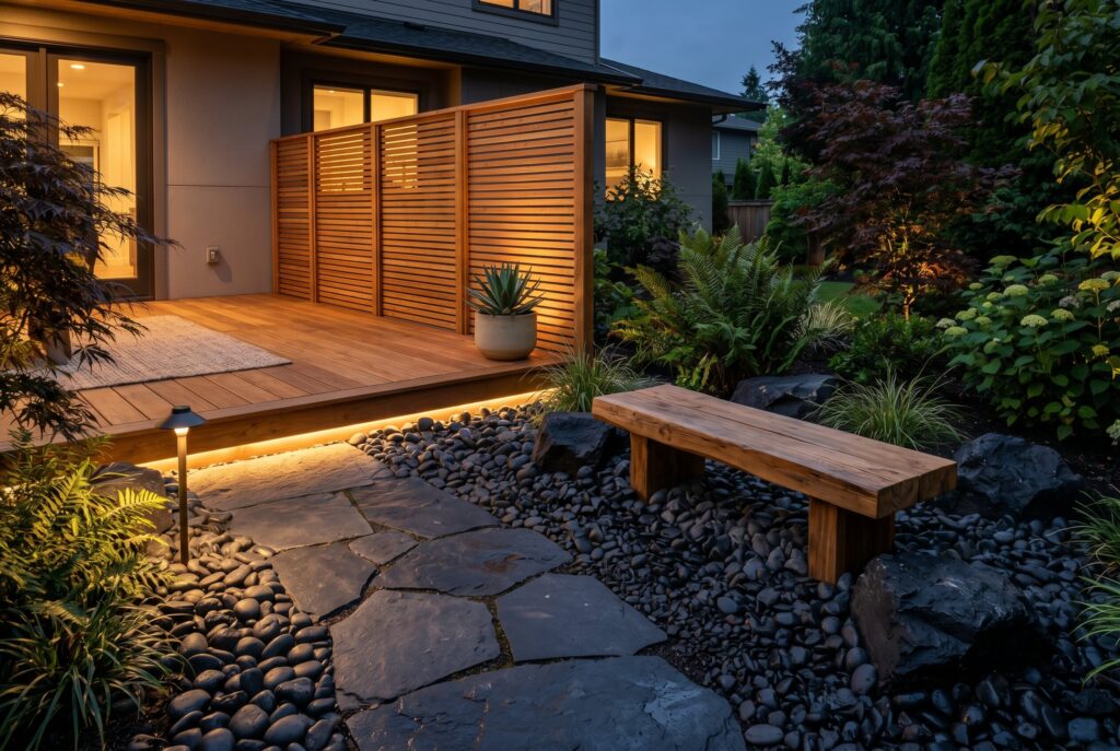 Natural wood deck with black landscape rock, bench seating, and organic modern landscaping.