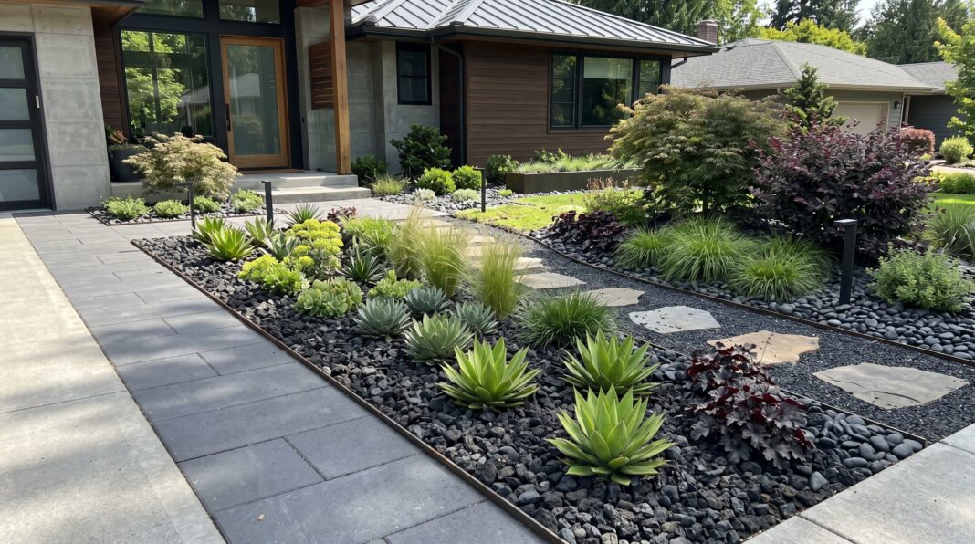 Black landscape rock front yard landscaping with succulents, stepping stones, and modern curb appeal.
