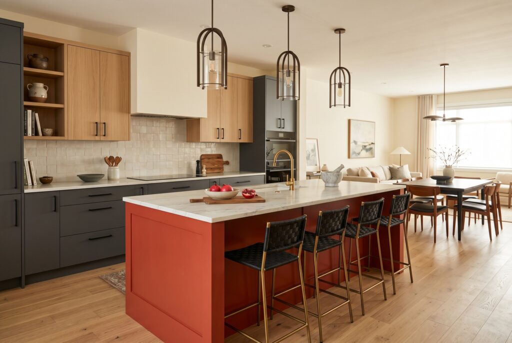 Spacious open-plan kitchen with red island, dark cabinetry, pendant lighting, and wood accents. 