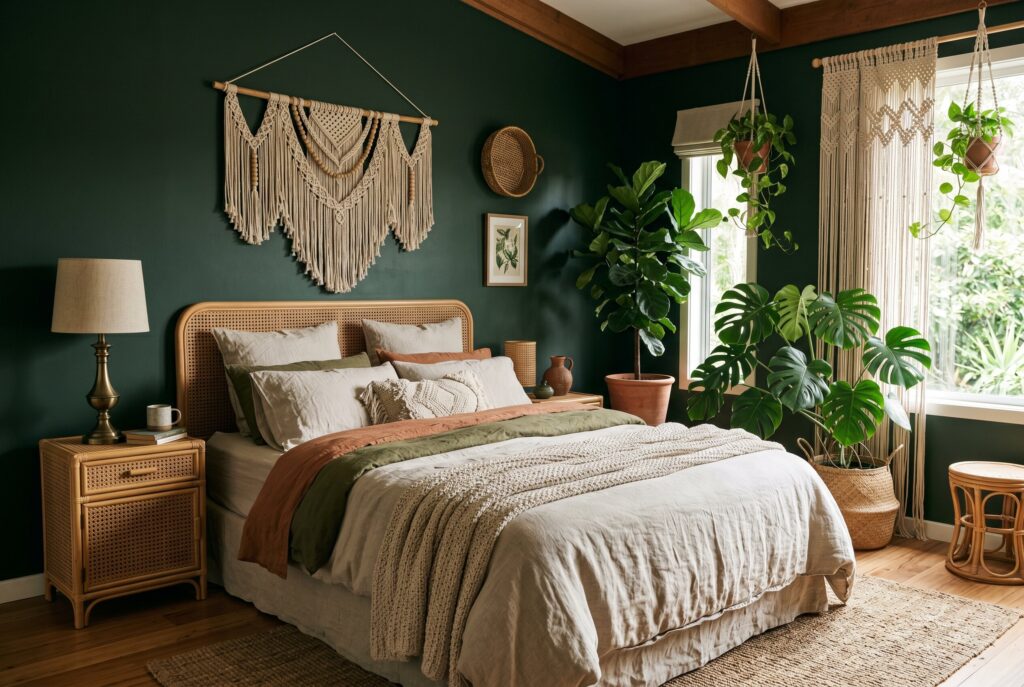 Boho chic dark green bedroom with rattan furniture, macrame decor, and leafy plants.