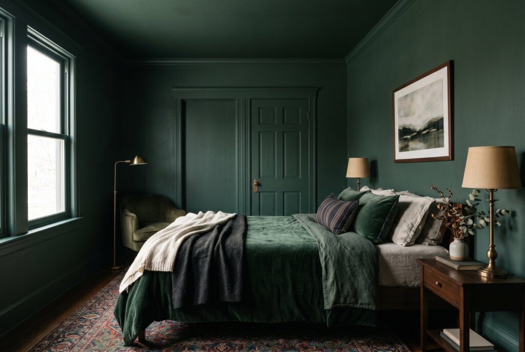 Hunter green color drenched bedroom with matching trim, doors, and layered bedding.