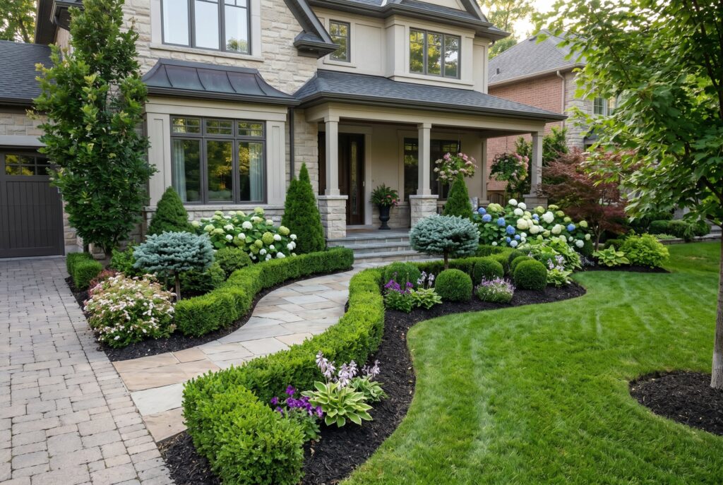 Foundation shrubs and hydrangeas creating structured front yard landscaping around home.