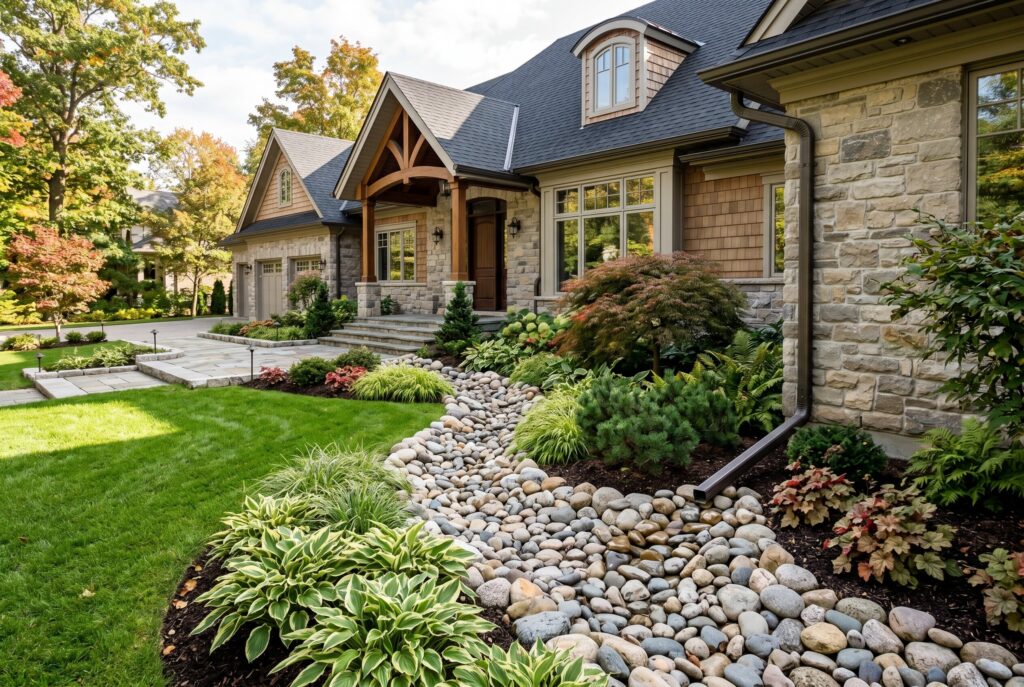 River rock dry creek bed landscaping around downspout with natural drainage design.