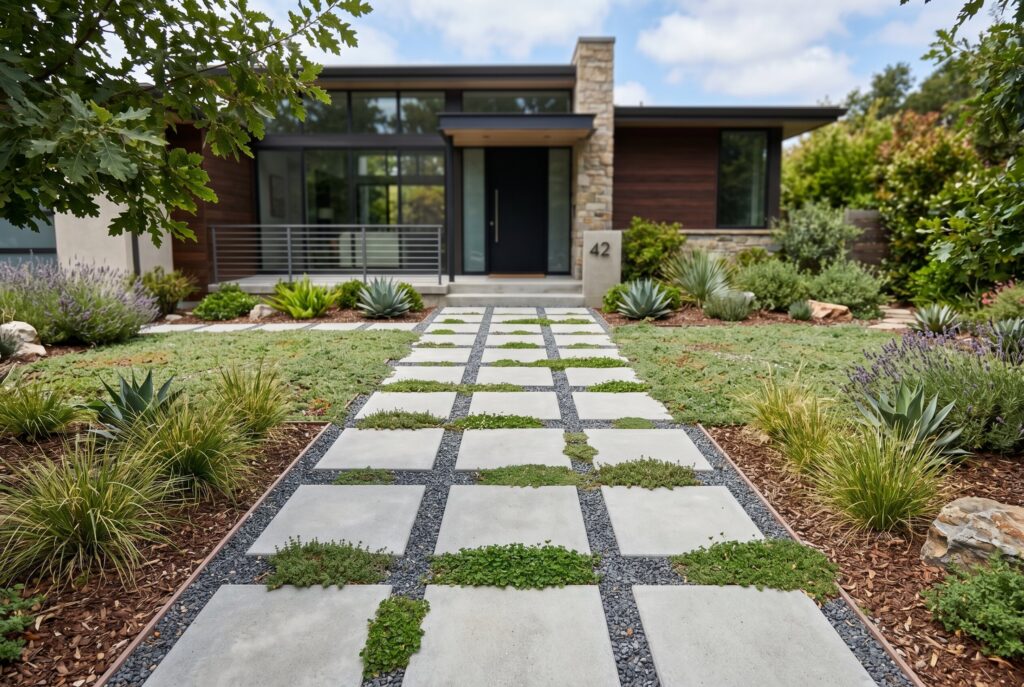 Modern concrete grid landscaping with gravel joints and geometric front yard design.
