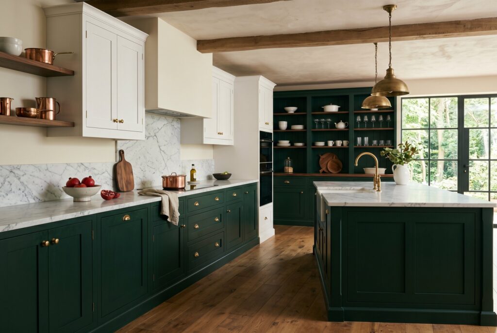 Elegant dark green kitchen with marble countertops, brass lighting, and warm wood flooring.