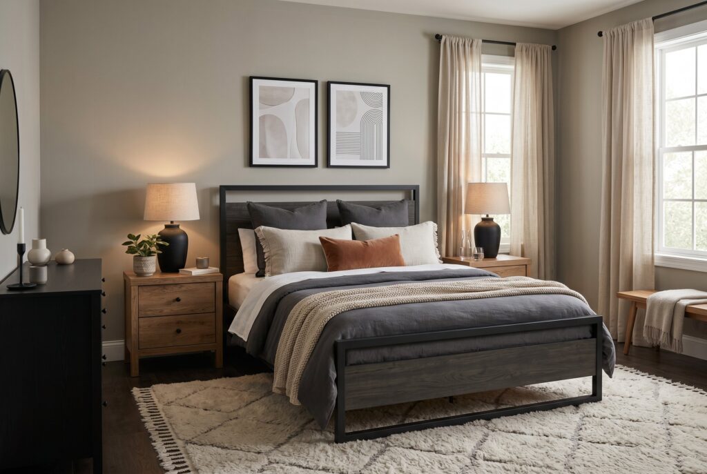 Walnut wood bedroom furniture in shared bedroom with warm neutral layered bedding. 