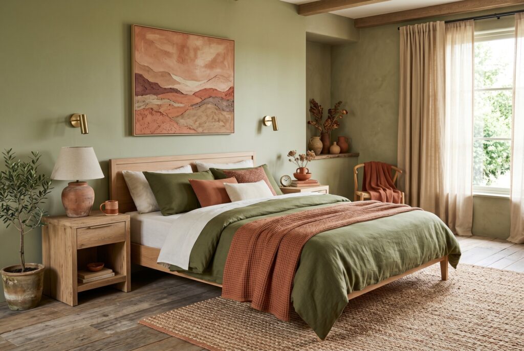 Olive green bedroom with terracotta bedding and warm Mediterranean inspired accents.