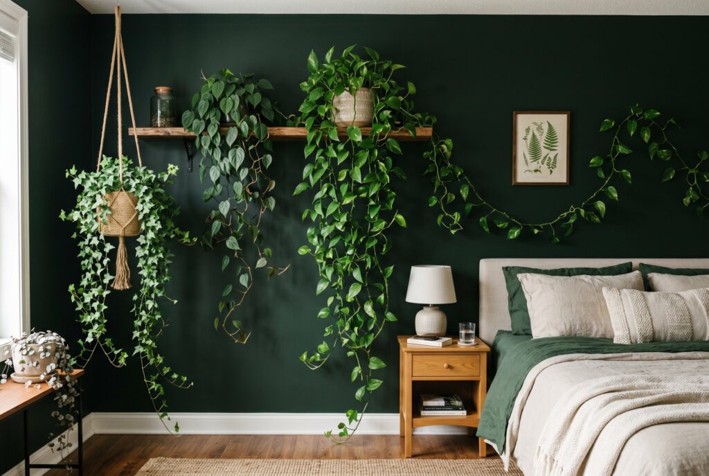 Trailing indoor plants on shelves with dark green walls and organic bedroom styling.