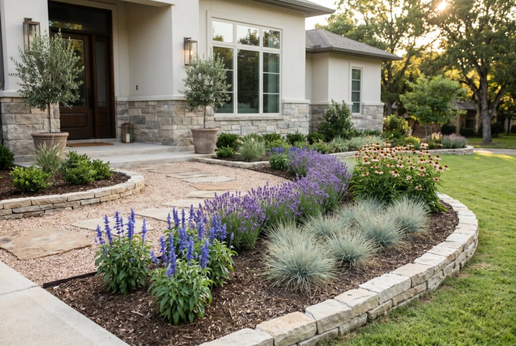 Grouped perennial plantings with lavender and ornamental grasses in layered front garden beds.