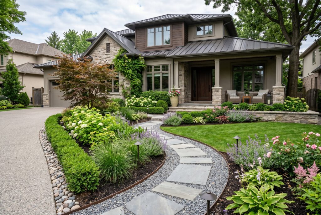 Budget friendly front yard landscaping completed in stages with shrubs, mulch, and pathways.