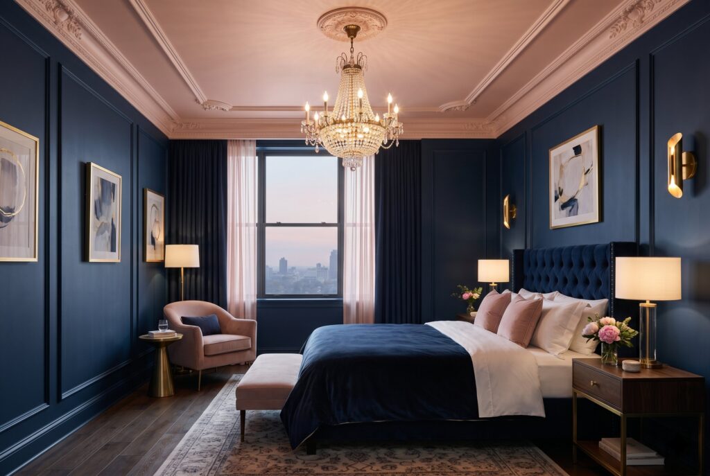 Moody Art Deco bedroom with color drenched navy walls, chandelier, and blush ceiling. 
