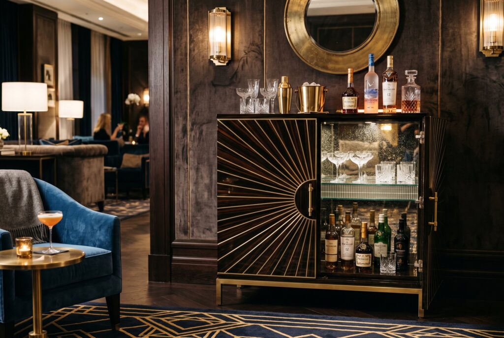 Sunburst bar cabinet with brass detailing in glamorous Art Deco living room lounge. 