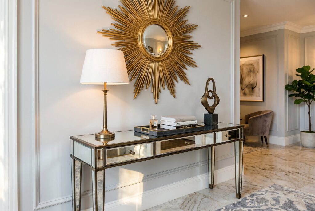 Mirrored console table with gold accents in elegant Art Deco interior design hallway. 