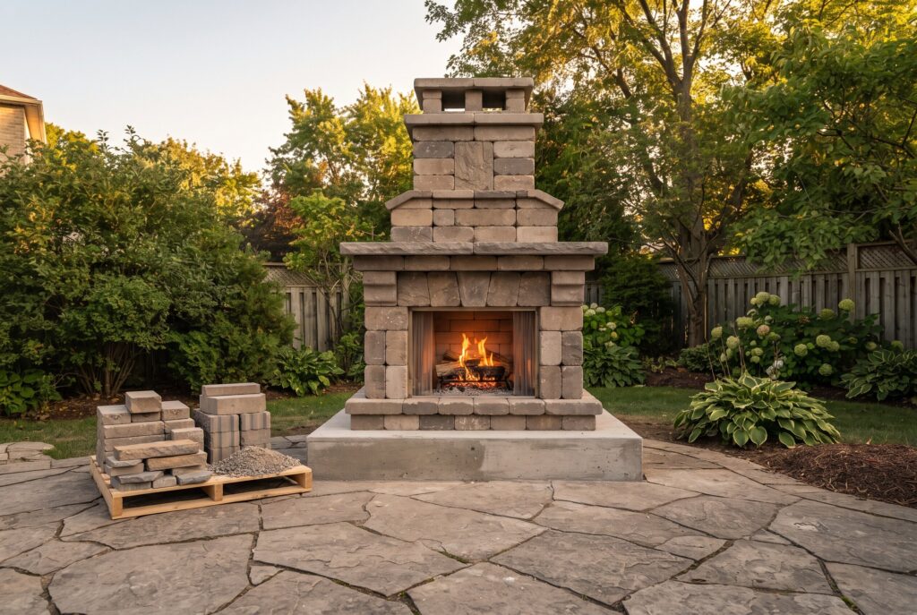 Prefabricated outdoor fireplace kits with stone fireplace design and patio seating.