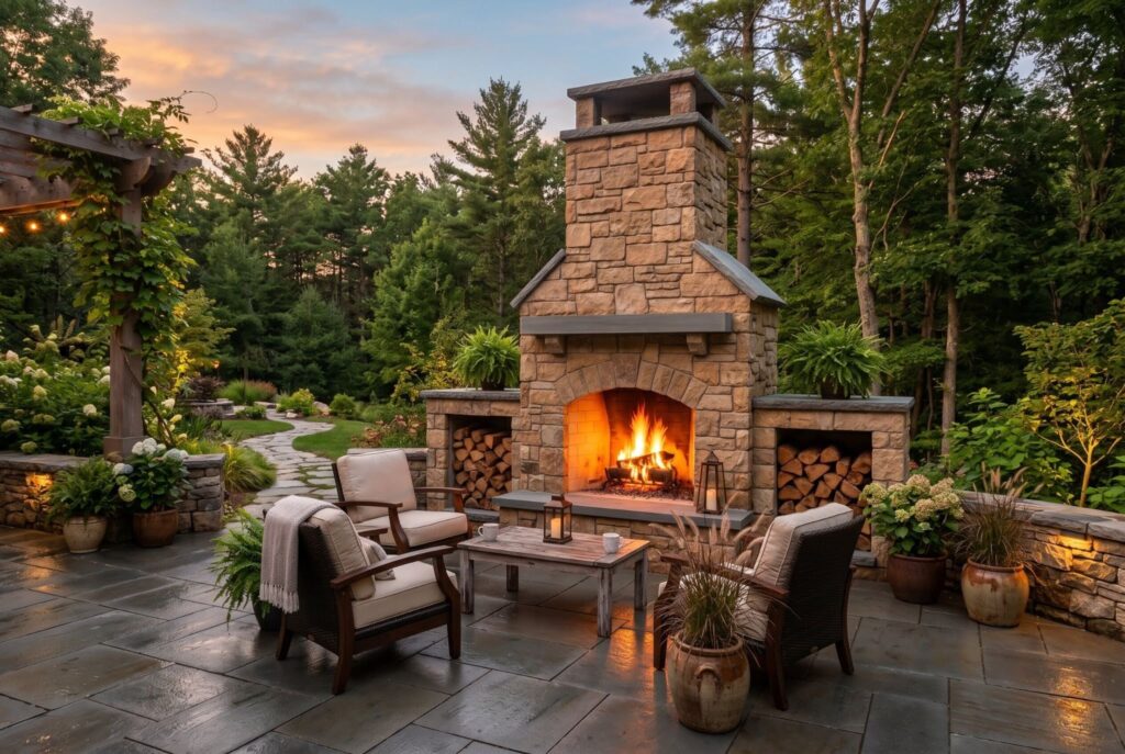 Prefabricated outdoor fireplace kits with stone fireplace design and patio seating.