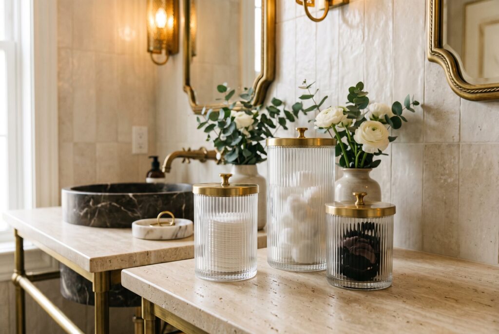 Brass bathroom counter organizer basket with soap dispenser and rolled towel display.