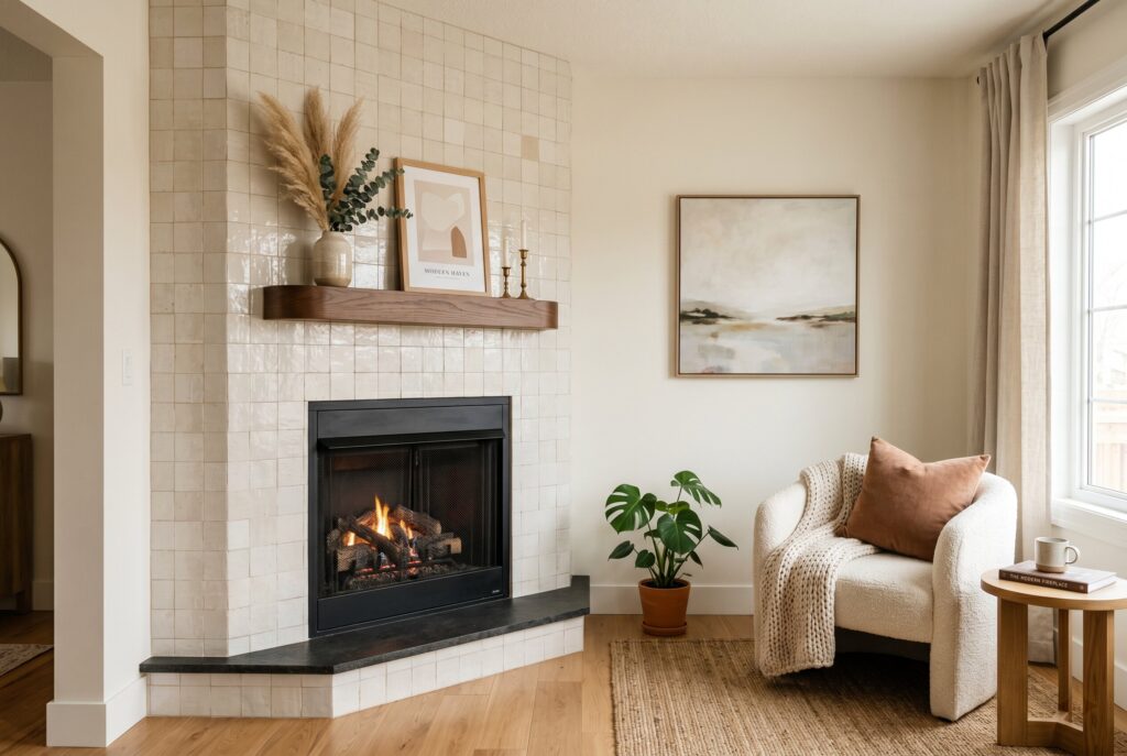 Modern tile corner fireplace makeover with neutral decor and contemporary fireplace ideas. 