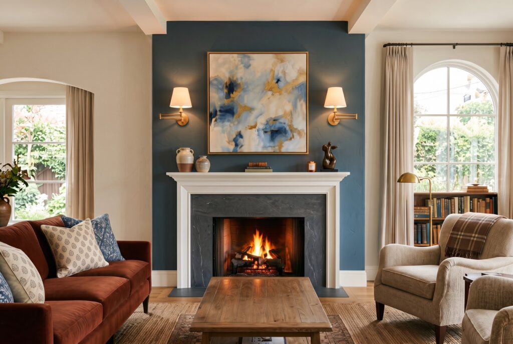 Symmetrical brass sconces framing fireplace mantel in elegant living room fireplace ideas.