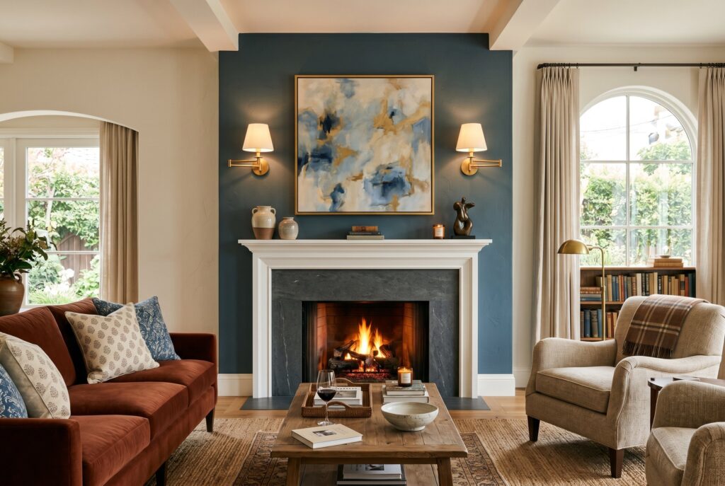 Symmetrical brass sconces framing fireplace mantel in elegant living room fireplace ideas. 