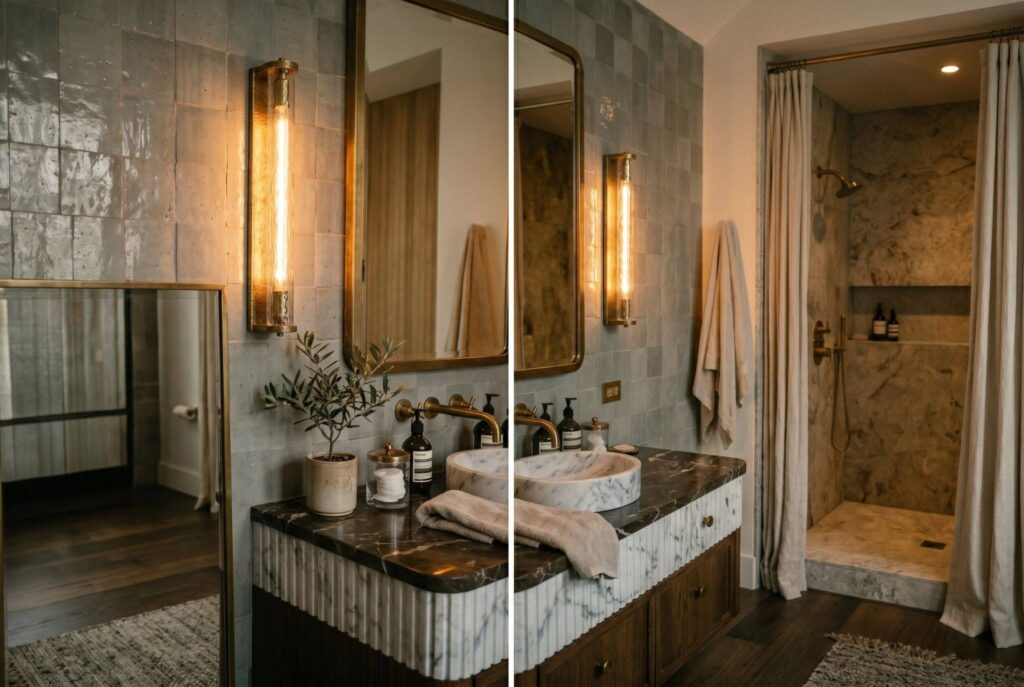Wall mounted bathroom lighting ideas with brass sconces and luxury vanity mirrors. 