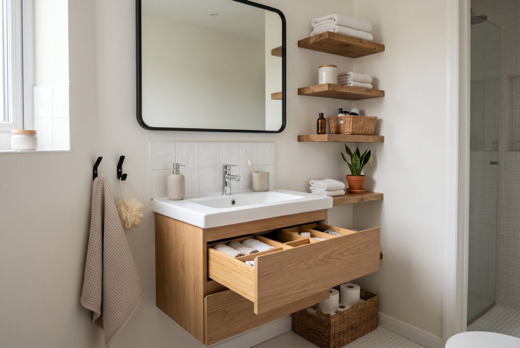 Small bathroom storage ideas with drawer dividers and floating wood vanity. 