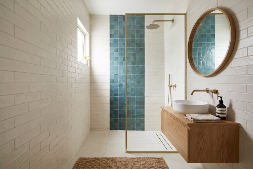 One main tile plus one accent tile bathroom design with blue shower tile feature. 