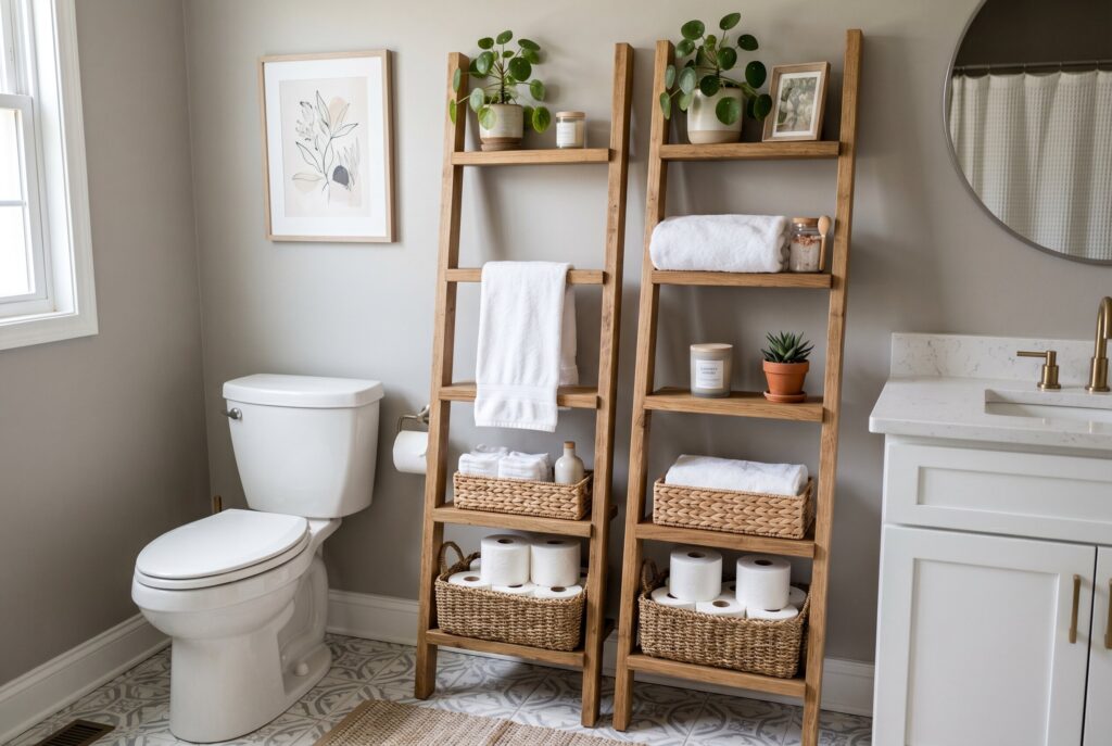 Under sink bathroom organizer with pull out drawers and hidden toilet paper storage. 