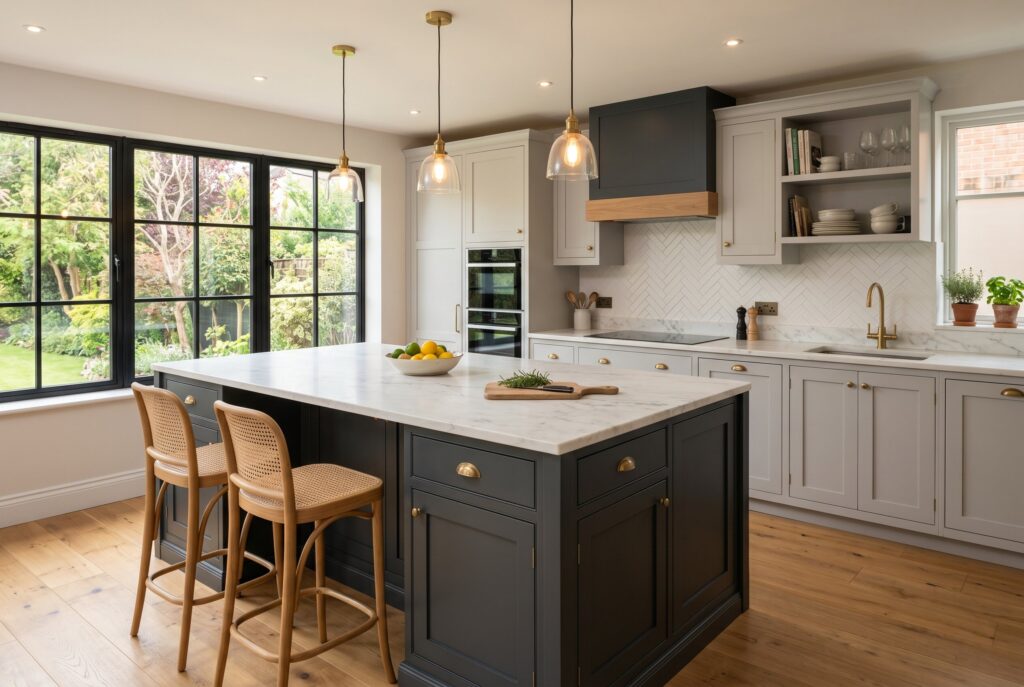 Charcoal kitchen island with light gray cabinets in a polished modern kitchen.