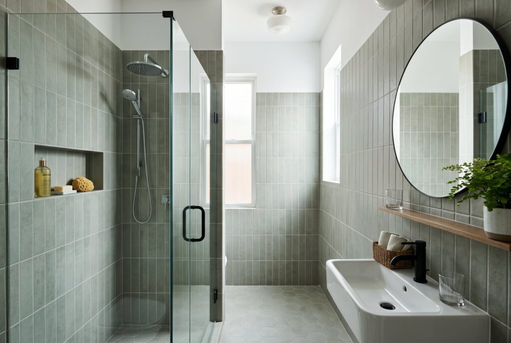 Vertical shower tile ideas to stretch ceiling height in compact bathroom layouts. 