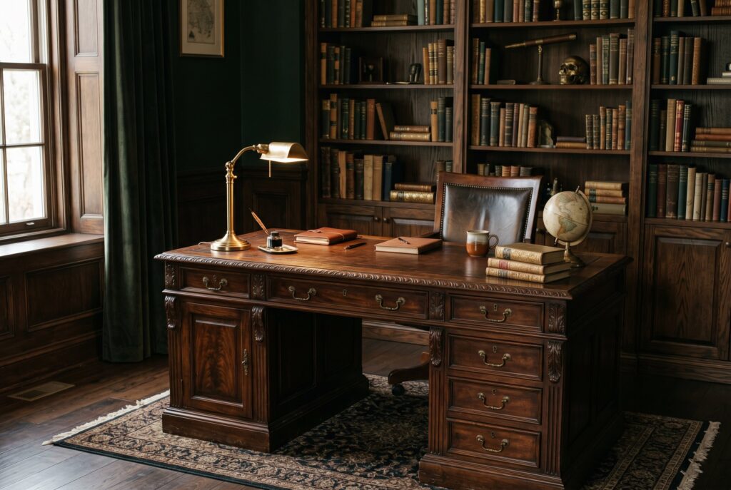 Dark wood furniture in dark academia office with mahogany desk and library bookshelves. 